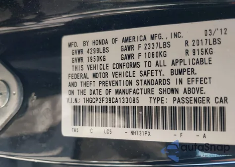 2012 Honda Accord 2.4 Lx from USA, damaged, VIN 1HGCP2F39CA133085